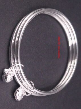 Real 999 Fine Silver Triple-Ring Round Bangle 56mm Inner Dia. Bell Charm